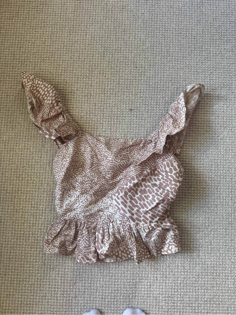 Express Taupe and White Animal-Print Ruffle Crop Top